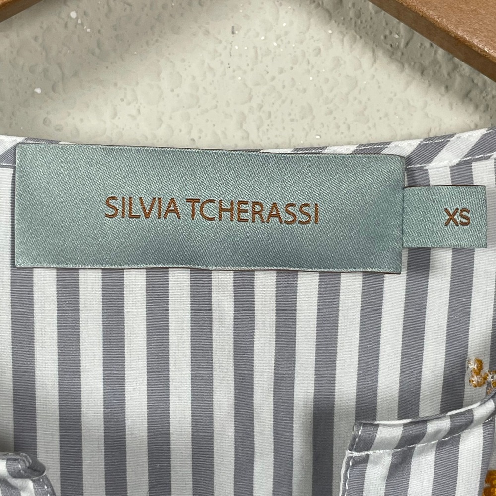 Silvia Tcherassi Lucaya Blouse XS Gray Stripe Floral Embroidered Puff Sleeve - Picture 3 of 8